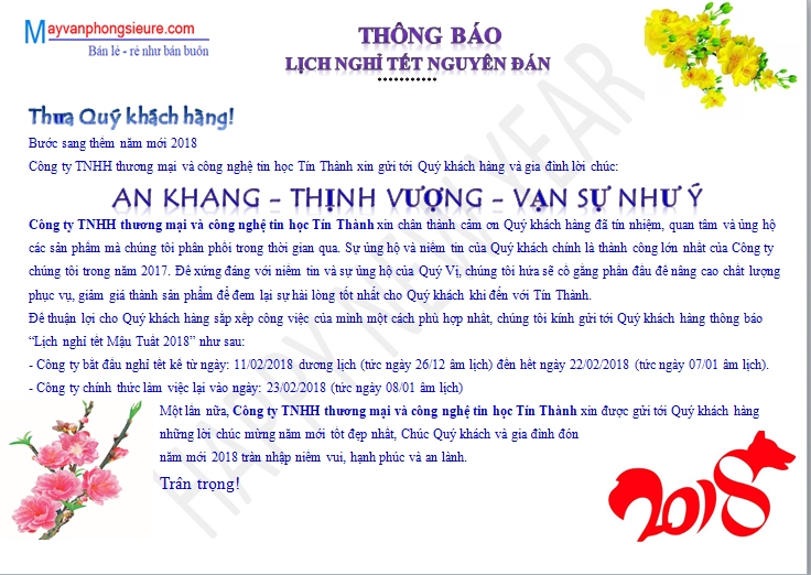 Thông báo nghỉ tết nguyên đán 2018